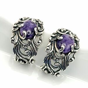 Carolyn Pollack Relios Charoite 925 Sterling Silver Scroll Half Hoop Earrings